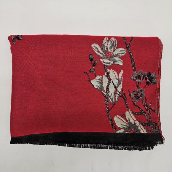 Saachi Scarf Wrap Shawl Red Gray Floral Botanical Reversible Fringe Artsy 75x25 - Picture 3 of 16